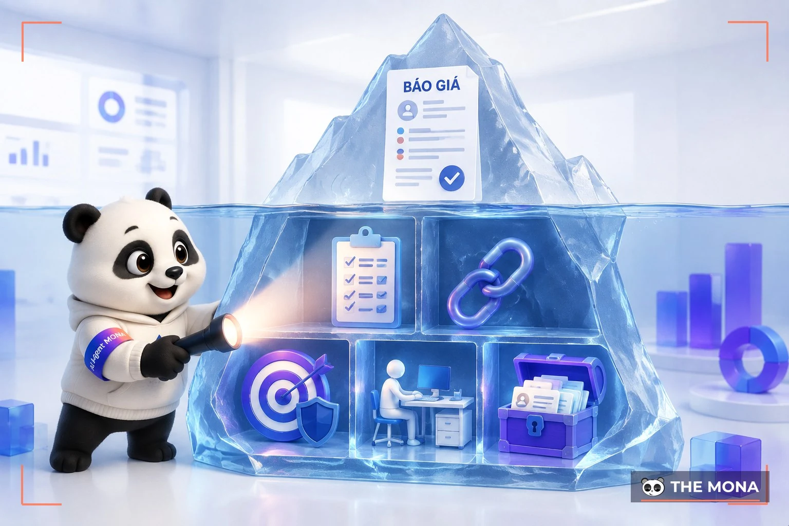 Tảng băng báo giá SEO với phần chìm chứa năm ngăn câu hỏi về phạm vi, liên kết, cam kết, người làm và tài sản