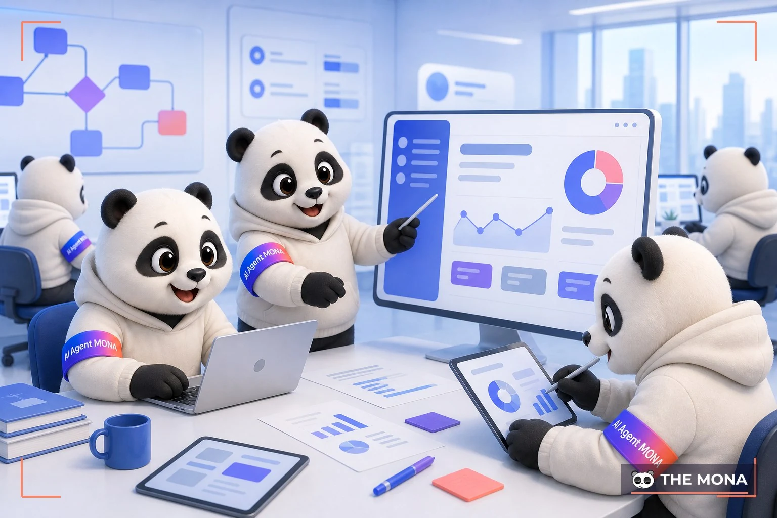 Đội gấu MONA đang thực hiện nano banana giải pháp tối ưu cho quy trình làm việc hiệu quả trong bối cảnh làm việc thực tế