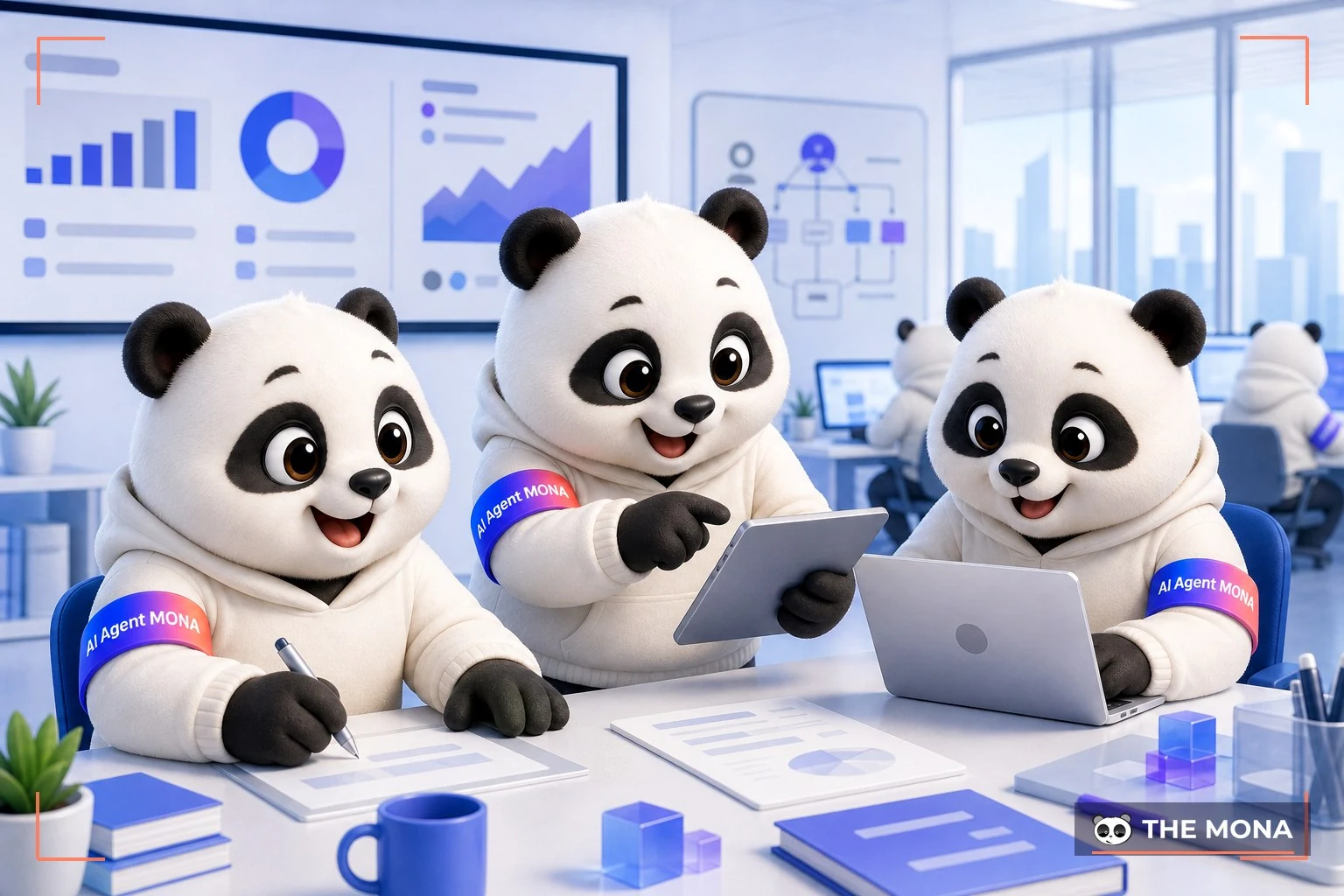 Đội gấu MONA đang thực hiện vào việc nano banana giúp tăng tốc công việc hàng ngày trong bối cảnh làm việc thực tế