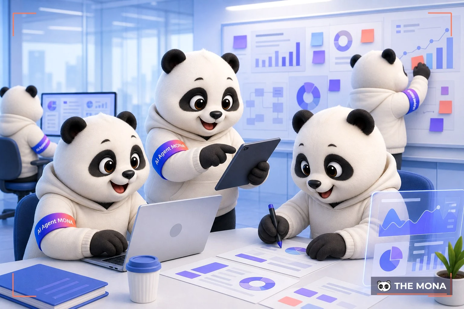 Đội gấu MONA đang thực hiện tối ưu hoá quy trình marketing với nano banana giải pháp cho doanh nghiệp trong bối cảnh làm việc thực tế