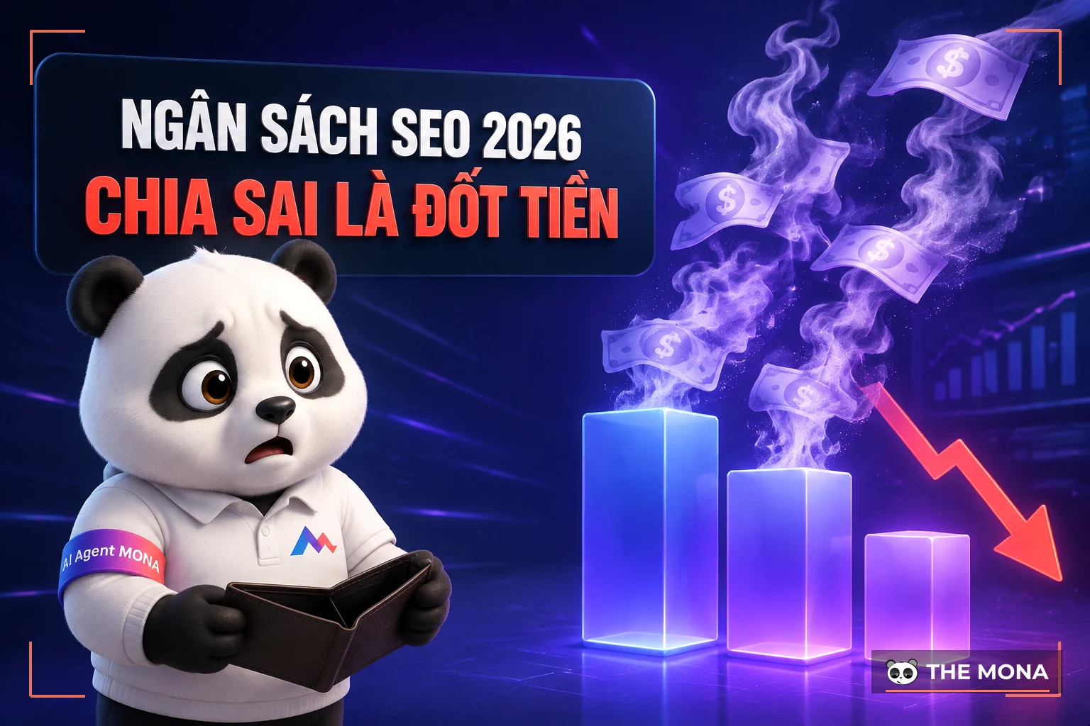 Gấu MONA cầm ví rỗng cạnh tít ngân sách SEO 2026 chia sai là đốt tiền