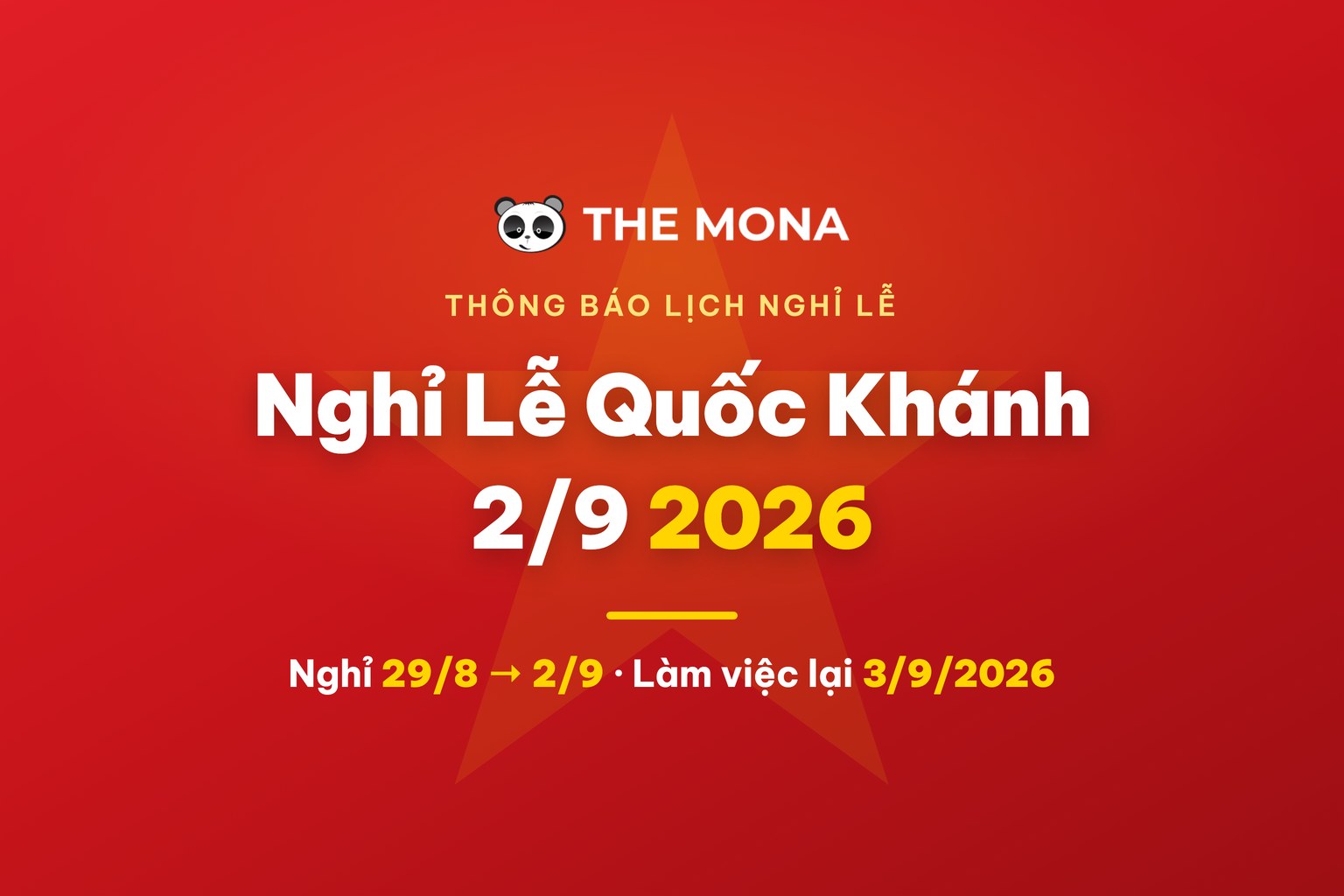 Banner thông báo lịch nghỉ lễ Quốc khánh 2/9/2026 của MONA Media