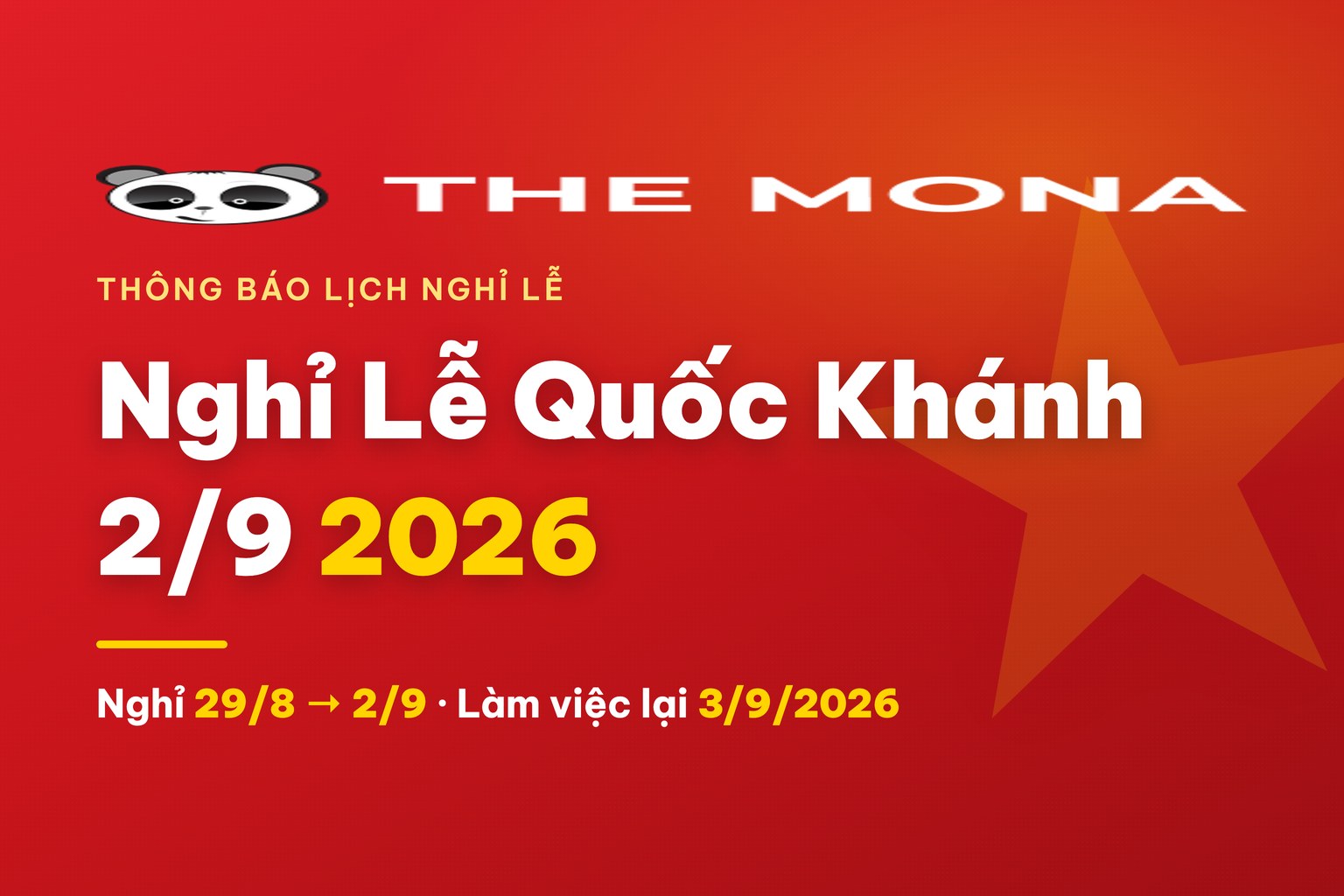 Banner thông báo lịch nghỉ lễ Quốc khánh 2/9/2026 của MONA Media