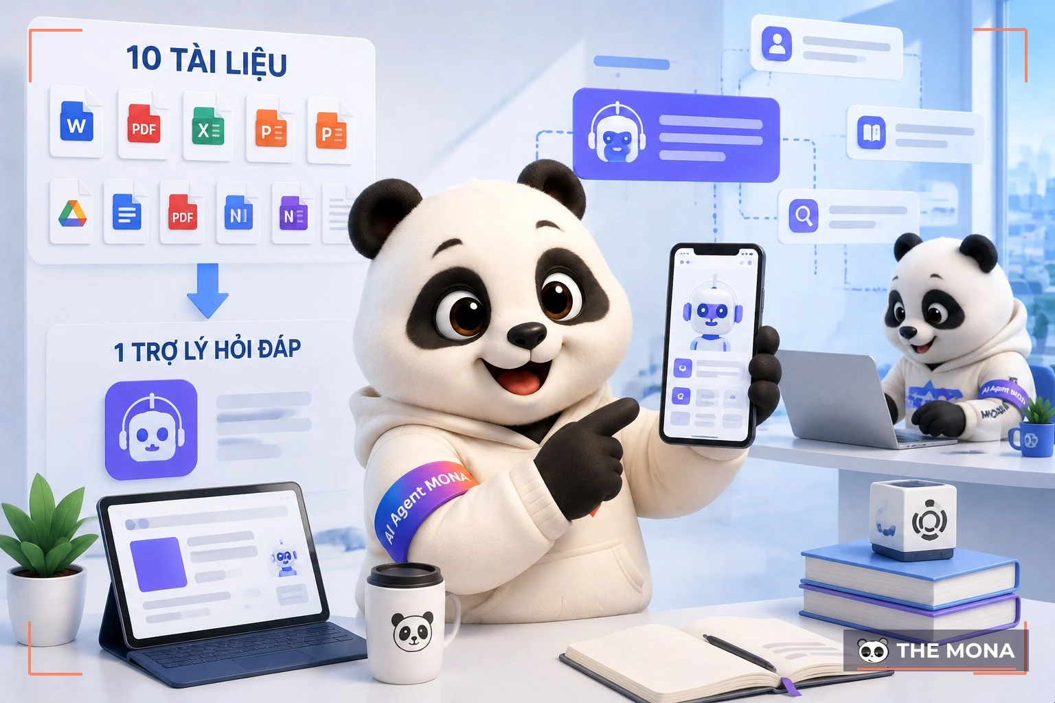 Đội gấu MONA đang thực hiện notebooklm trên điện thoại gọn khi biến 10 tài liệu thành 1 trợ lý hỏi đáp bỏ túi trong bối cảnh làm việc thực tế