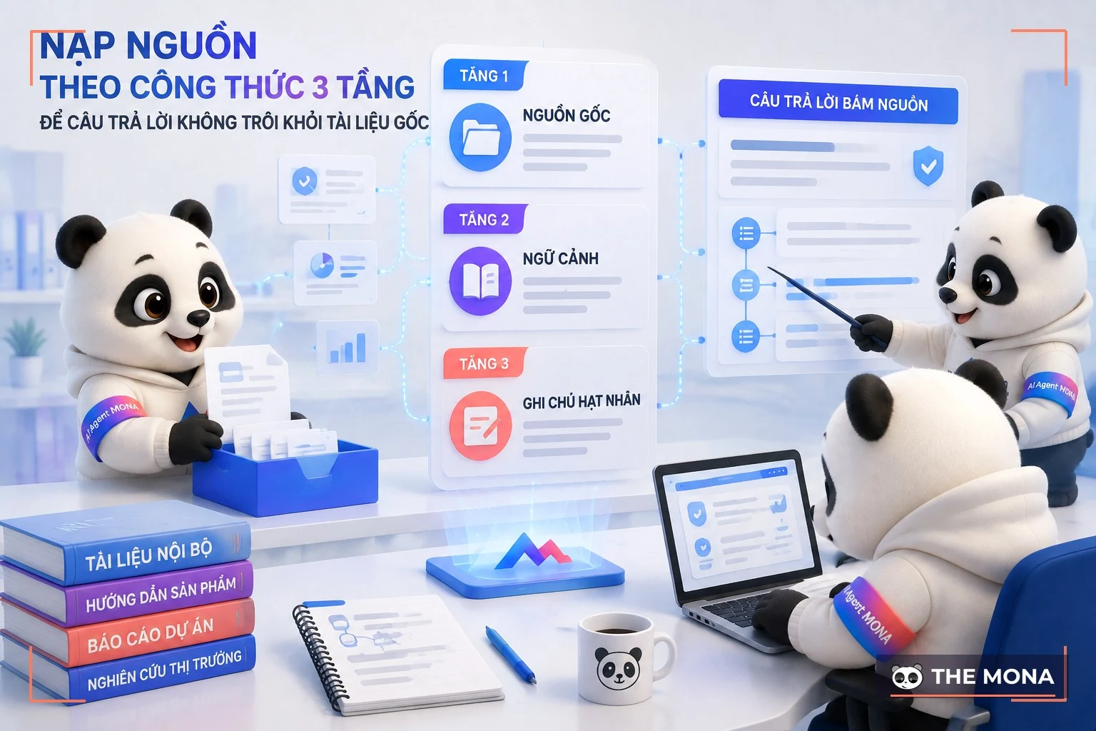 Đội gấu MONA đang thực hiện nạp nguồn theo công thức 3 tầng để câu trả lời không trôi khỏi tài liệu gốc trong bối cảnh làm việc thực tế