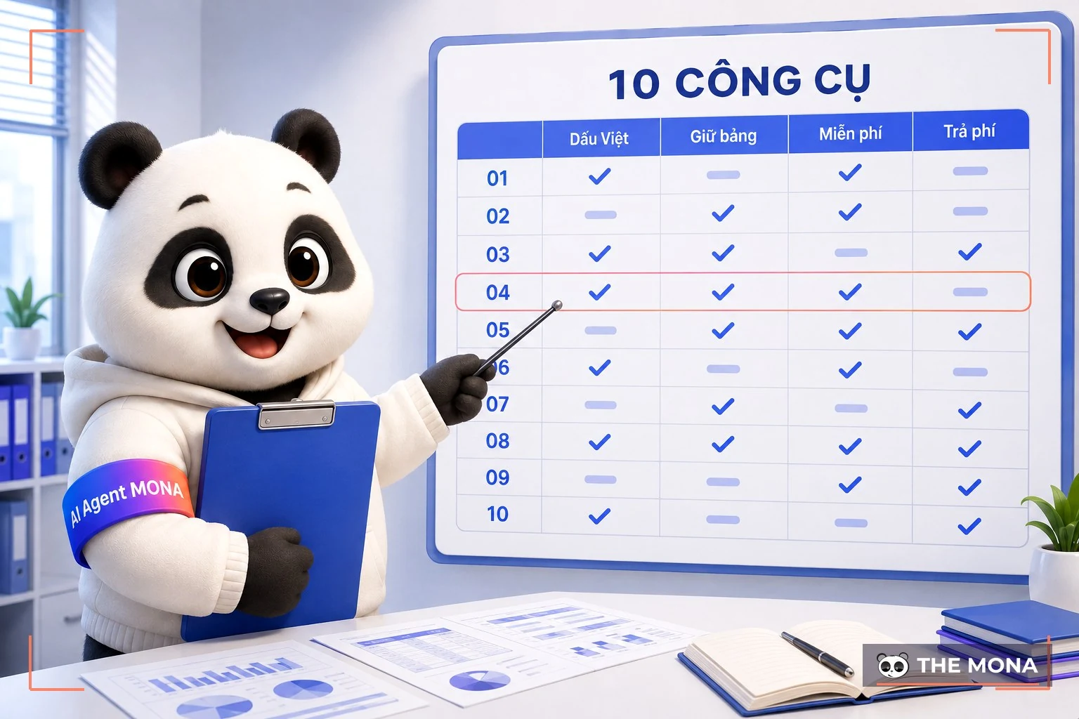 gấu mona tự tin chỉ vào bảng so sánh chi tiết tính năng công cụ trên màn hình lớn