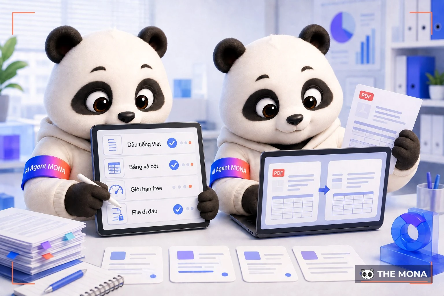 đội ngũ gấu ai agent mona đang chăm chú kiểm tra định dạng bảng biểu trên màn hình