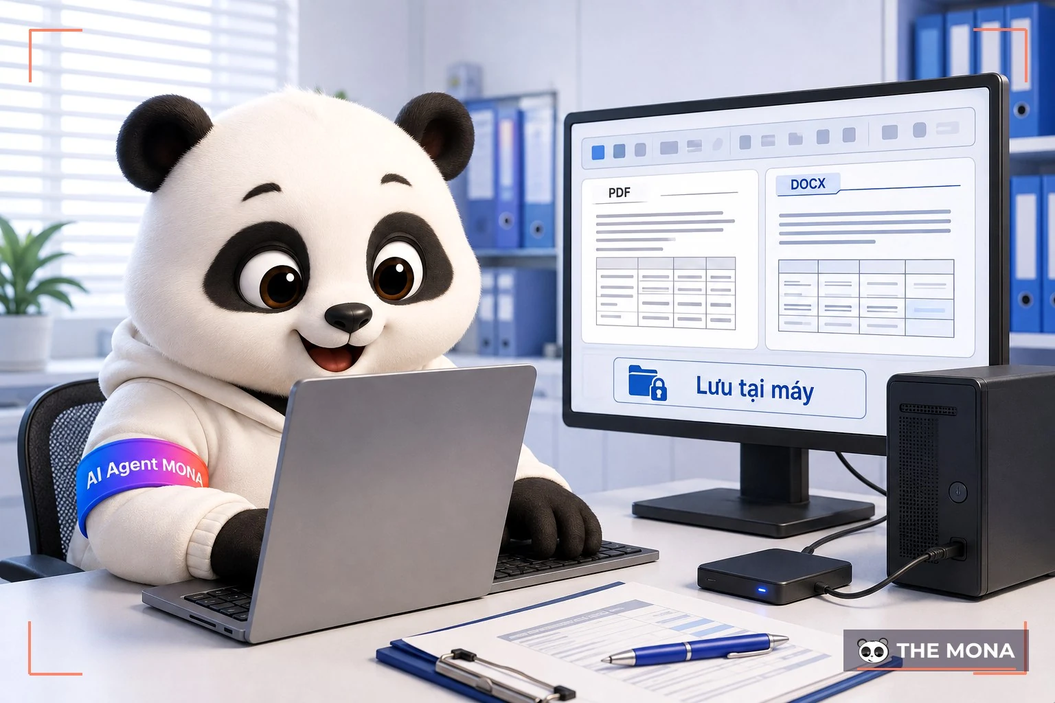 gấu mona đang xử lý tài liệu ngoại tuyến trên phần mềm cài đặt trực tiếp vào máy tính