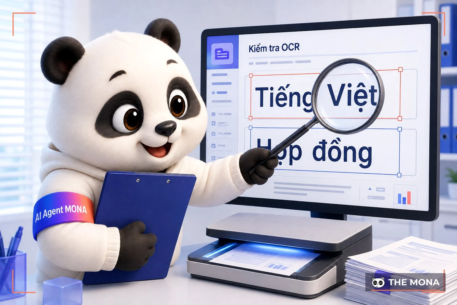 gấu mona dùng kính lúp soi dấu chữ tiếng việt trên tài liệu hình ảnh kỹ thuật số