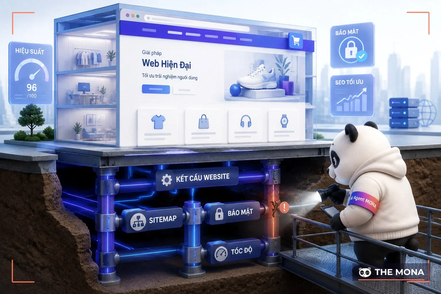 Mặt cắt website như toà nhà với phần móng kỹ thuật gồm kết cấu, sitemap, bảo mật và tốc độ nằm dưới giao diện