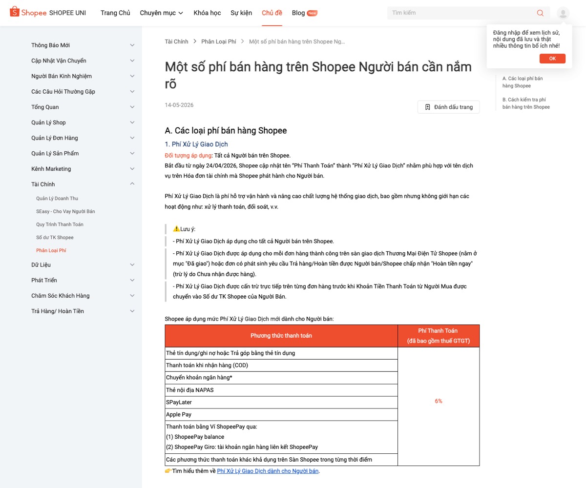 Trang biểu phí chính chủ Shopee liệt kê ba khoản phí người bán phải chịu