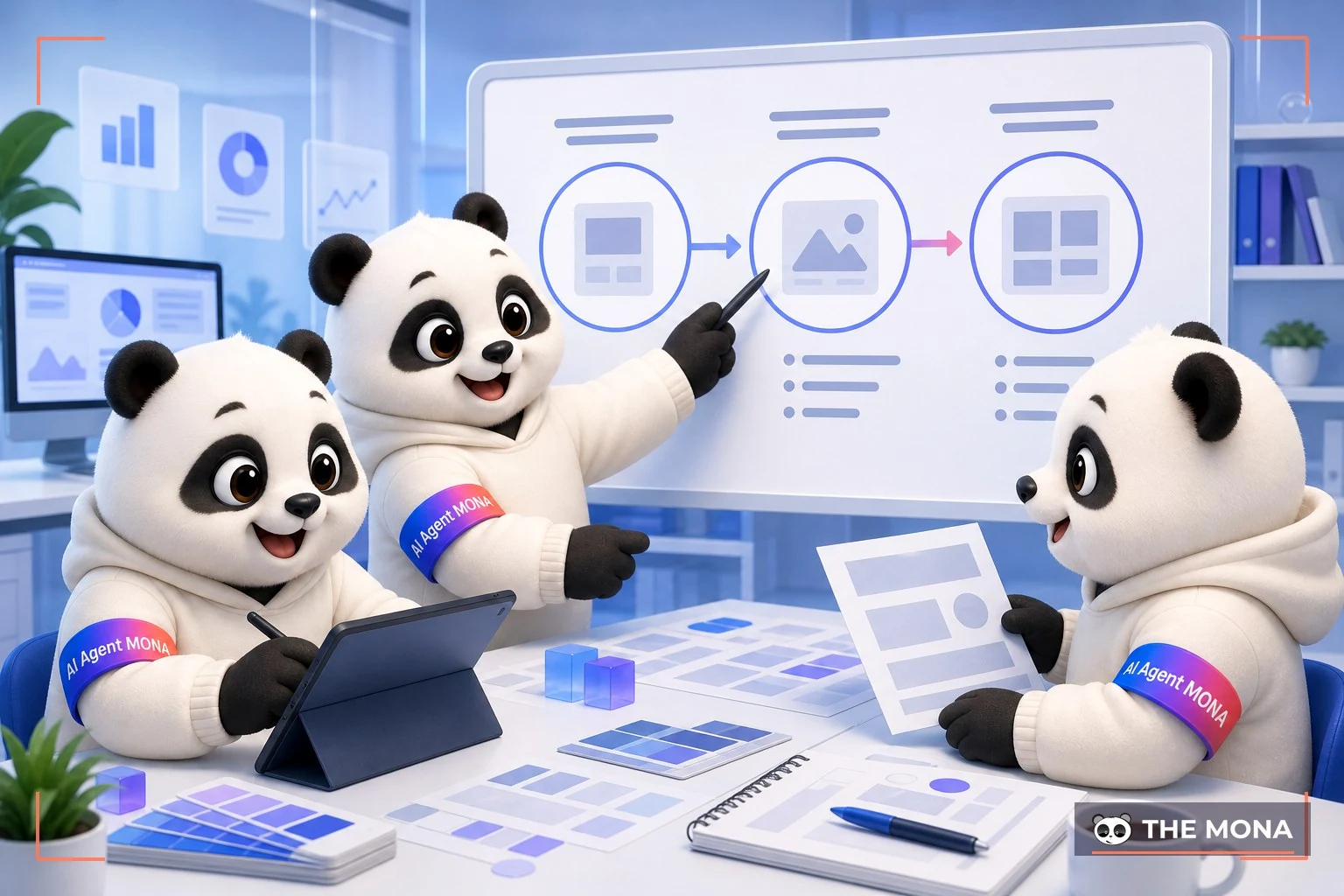 Đội gấu MONA đang thực hiện công thức 3 bước tạo ảnh phù hợp với thương hiệu trong bối cảnh làm việc thực tế