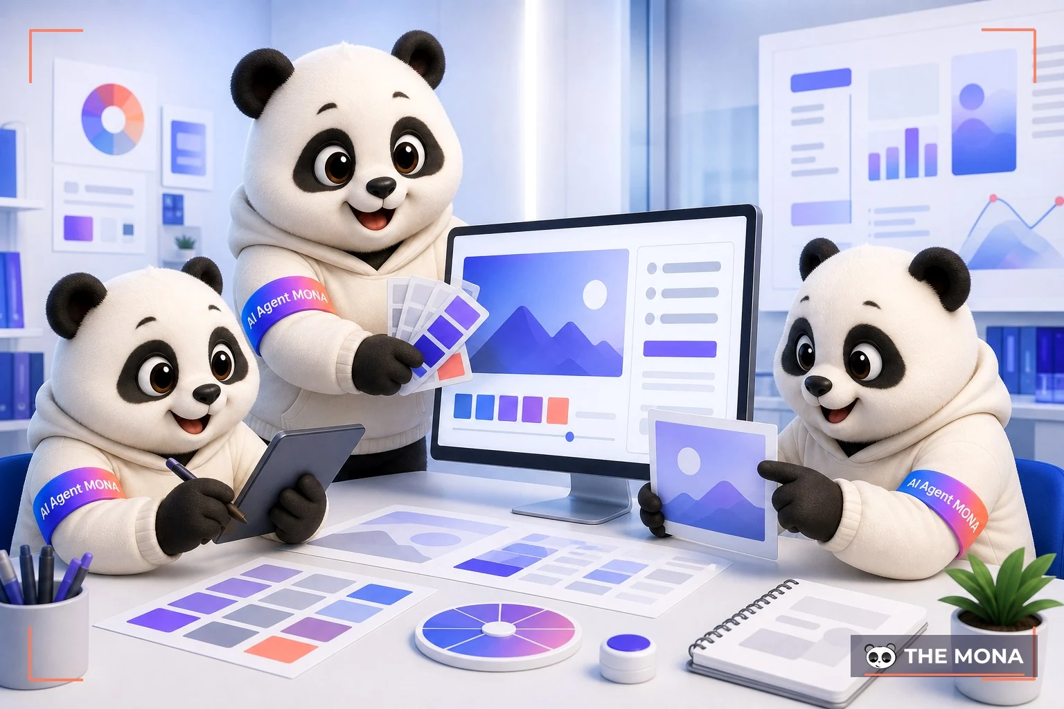 Đội gấu MONA đang thực hiện sử dụng màu sắc thông minh tạo điểm nhấn cho hình ảnh trong bối cảnh làm việc thực tế