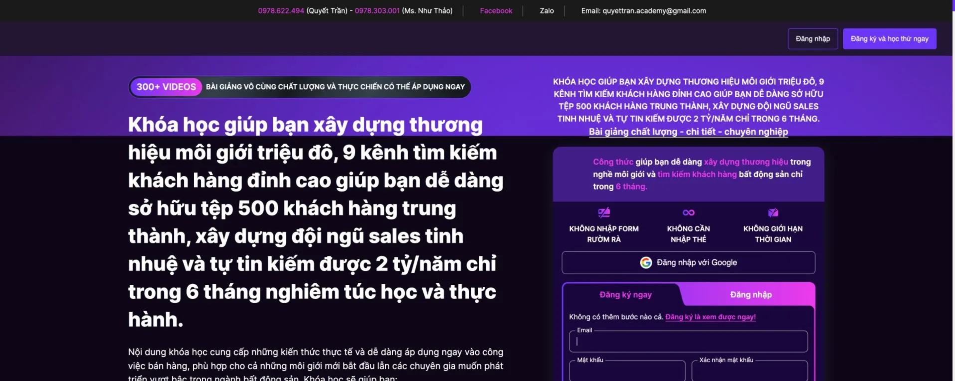 Trang đích bán khóa học Quyết Trần Academy do MONA triển khai