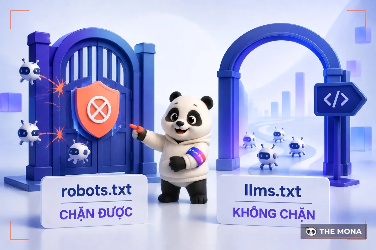 Gấu MONA chỉ vào cổng robots.txt chặn được bot AI còn llms.txt thì không chặn