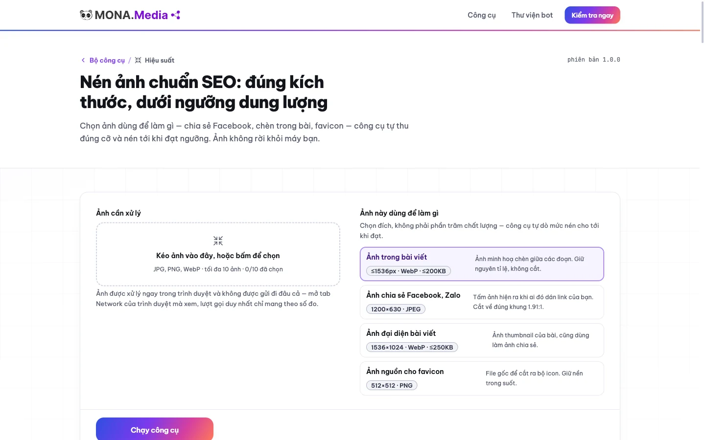 Chọn đích dùng ảnh trên công cụ nén ảnh chuẩn SEO của MONA