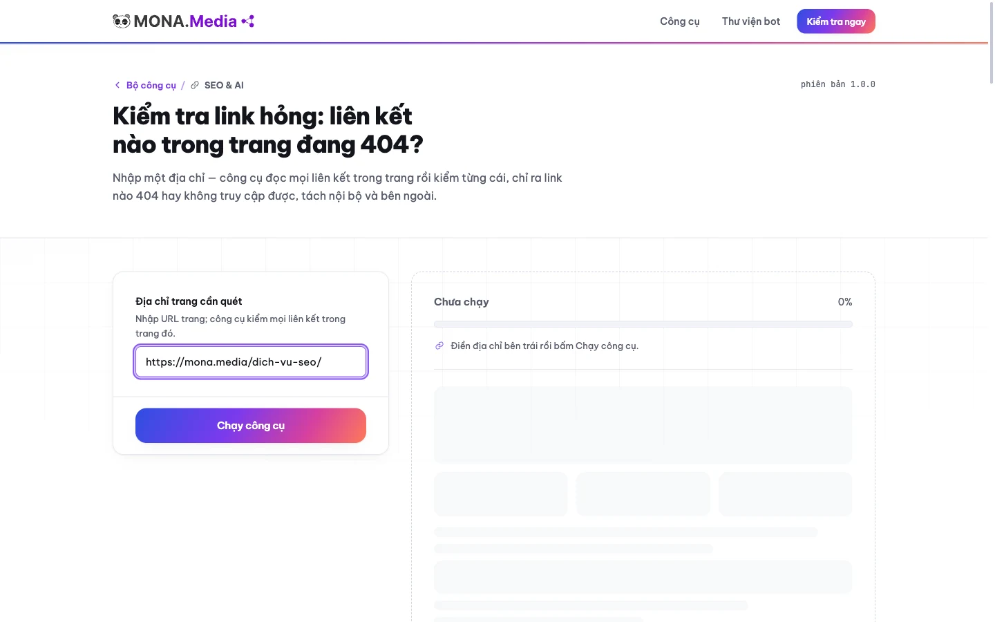Màn hình nhập địa chỉ website vào công cụ của MONA