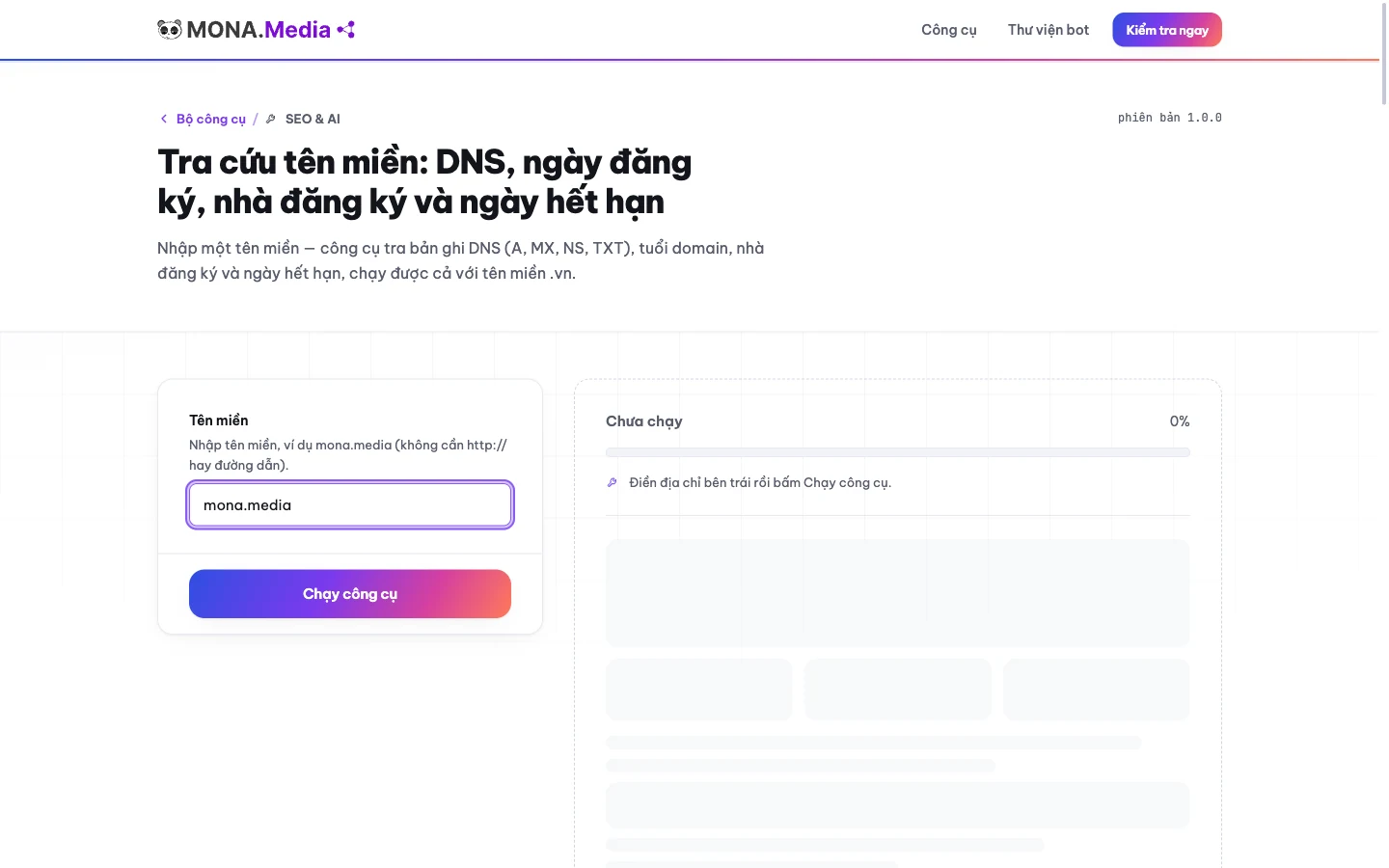 Nhập tên miền vào công cụ tra cứu tên miền của MONA