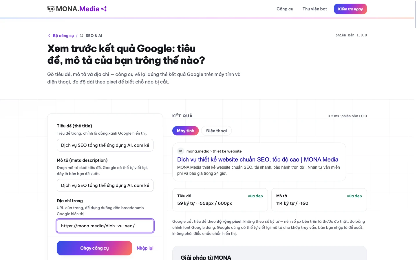 Nhập tiêu đề và mô tả vào công cụ xem trước kết quả Google của MONA