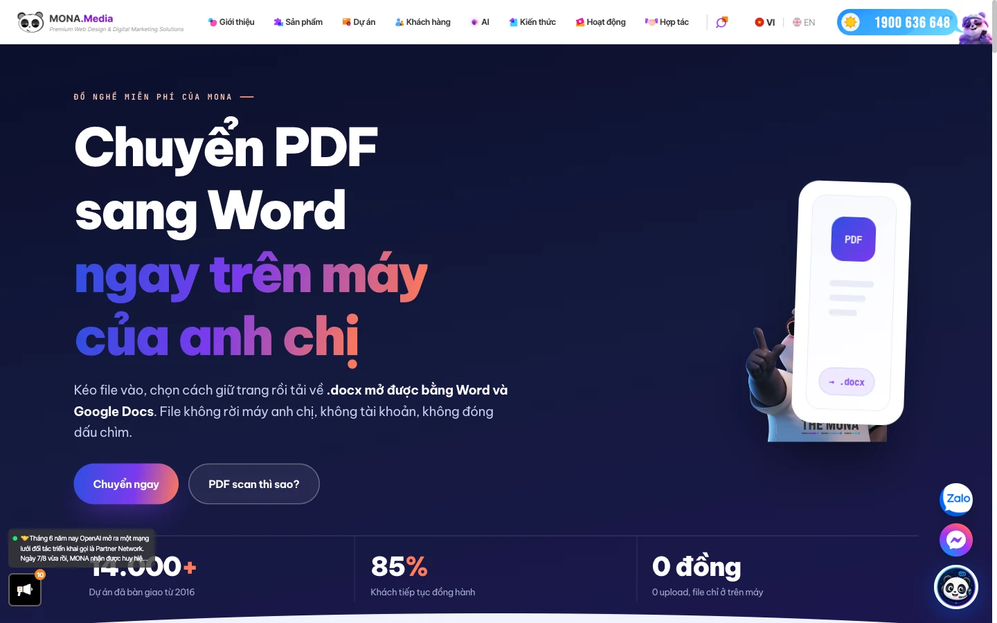 Vùng kéo file PDF trên tool chuyển PDF sang Word của MONA