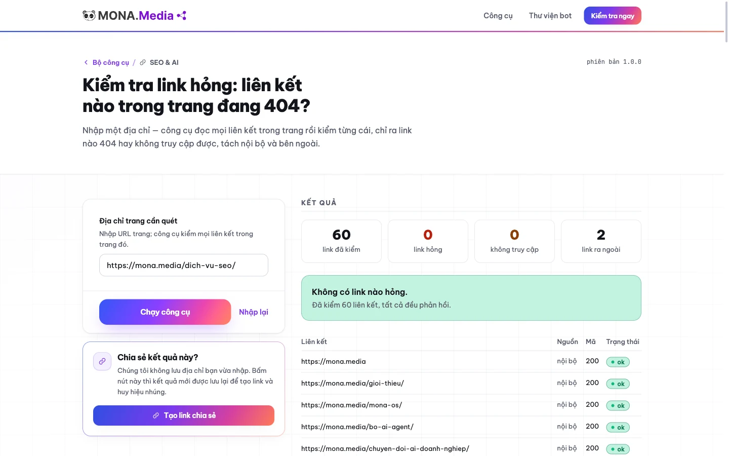 Kết quả kiểm tra link hỏng: danh sách link 404 tách nội bộ và bên ngoài