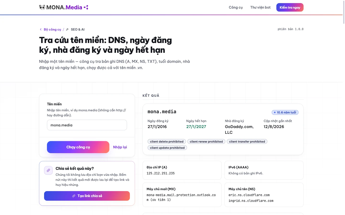 Kết quả tra cứu tên miền: DNS, nhà đăng ký, ngày hết hạn