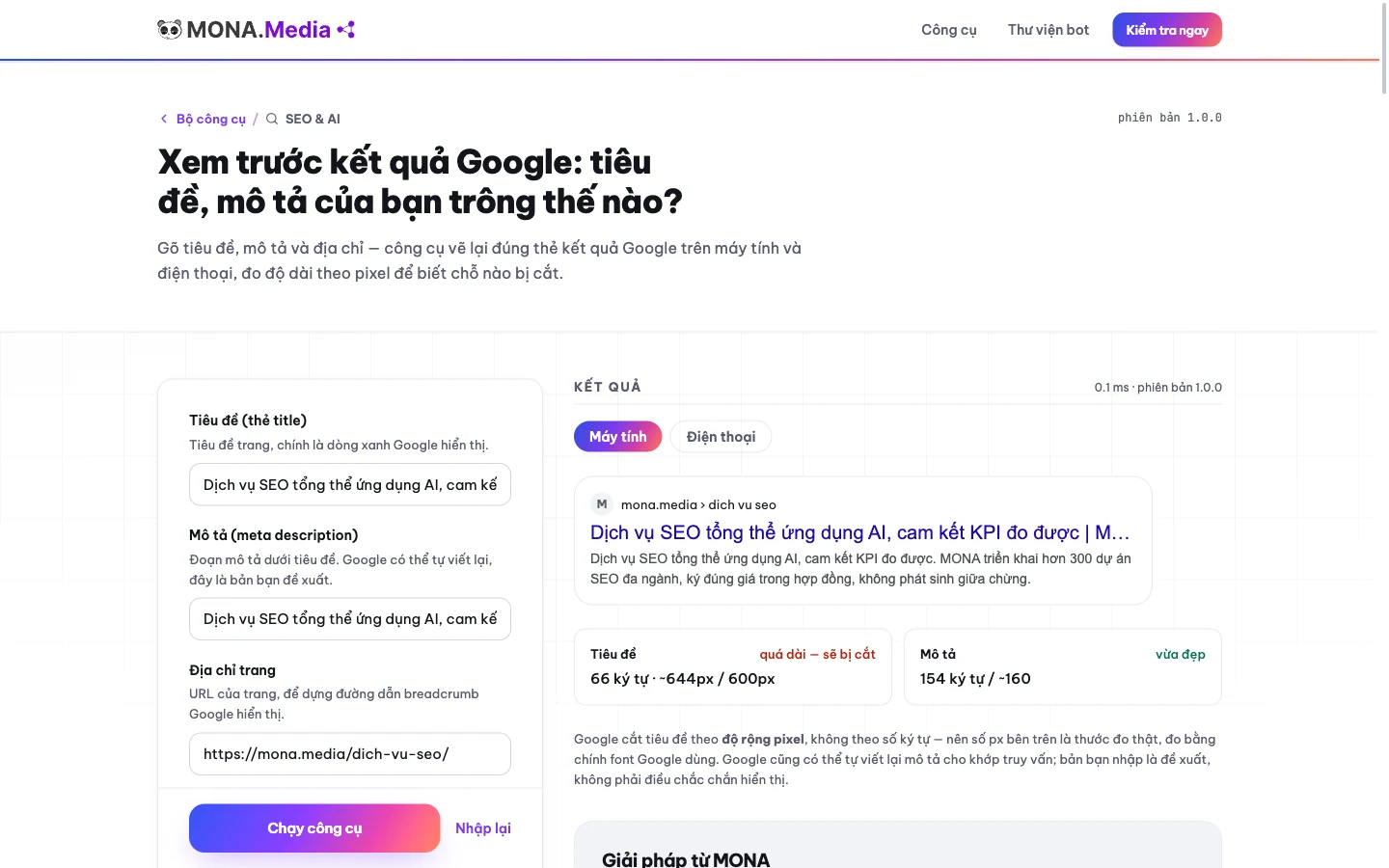 Kết quả xem trước kết quả Google trên máy tính và điện thoại, đo theo pixel