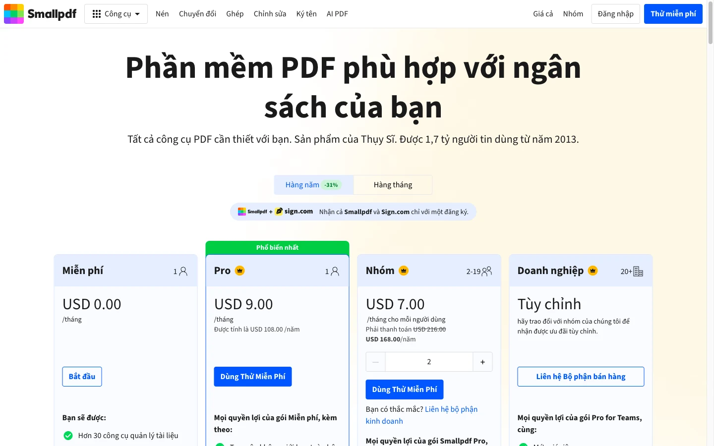 Bảng giá Smallpdf