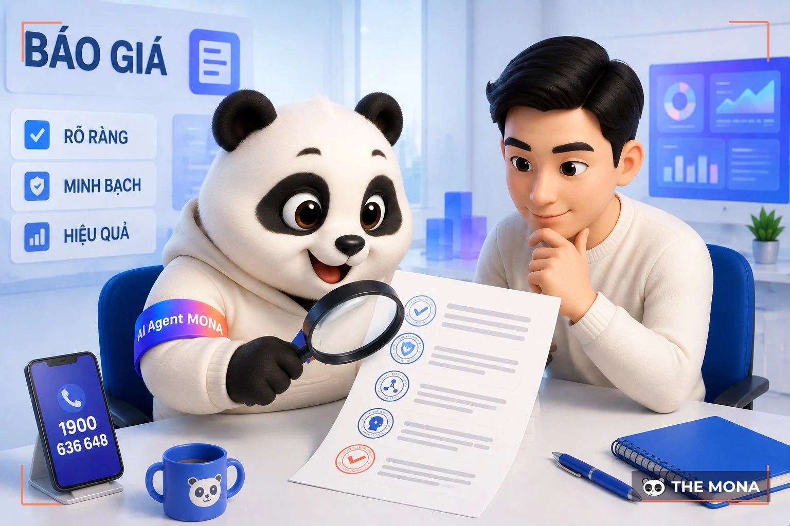 Gấu MONA cùng chủ doanh nghiệp soi từng hạng mục bảng báo giá SEO qua kính lúp bên điện thoại tổng đài
