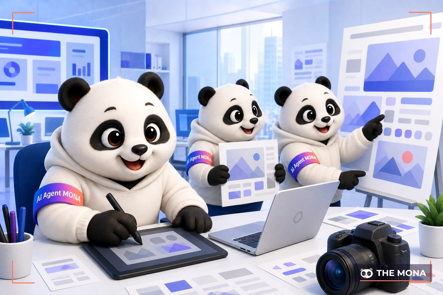 Đội gấu MONA đang thực hiện mở đầu bí kíp tạo ảnh bằng ideogram qua mô tả văn bản trong bối cảnh làm việc thực tế