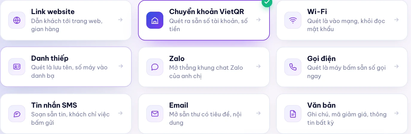 Bước 1 tạo mã QR thanh toán: chọn mục đích Chuyển khoản VietQR