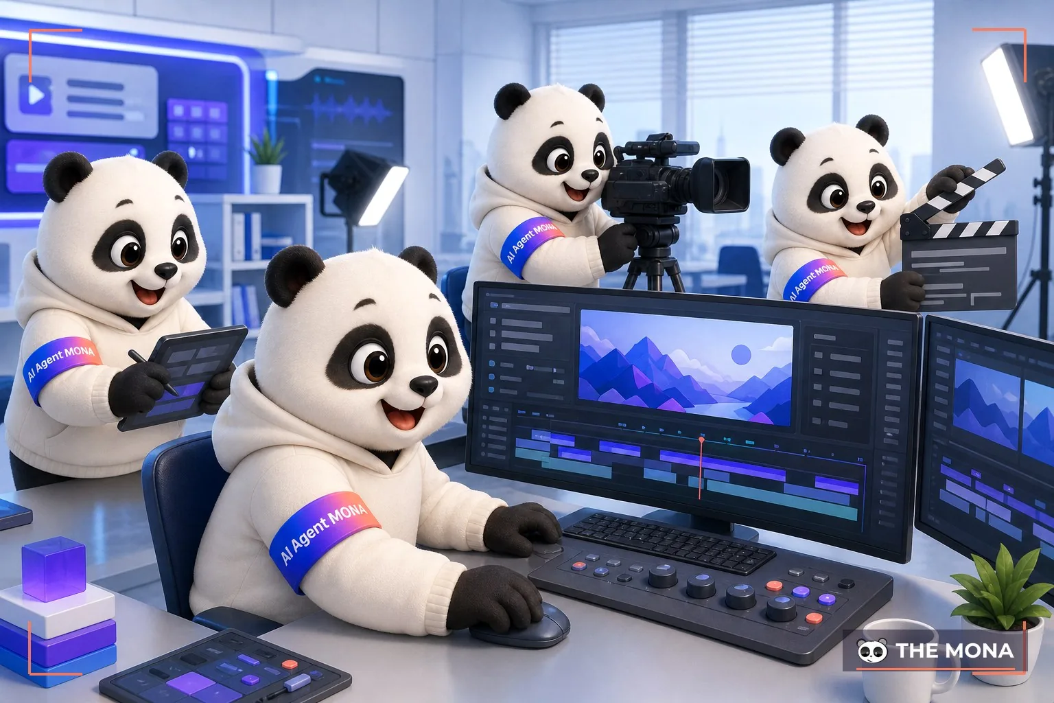 Đội gấu MONA đang thực hiện tạo video chuyên nghiệp chỉ với vài cú click bí kíp sử dụng capcut ai trong bối cảnh làm việc thực tế