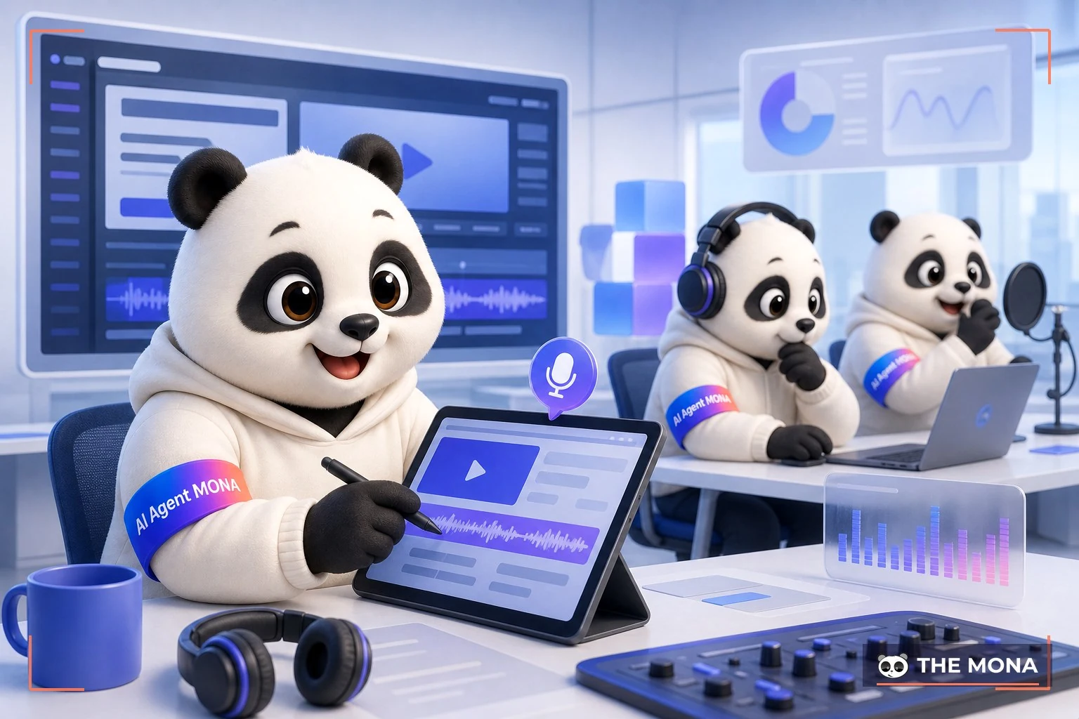 Đội gấu MONA đang thực hiện mở khóa sức mạnh của pika tự động tạo phụ đề và lồng tiếng trong bối cảnh làm việc thực tế