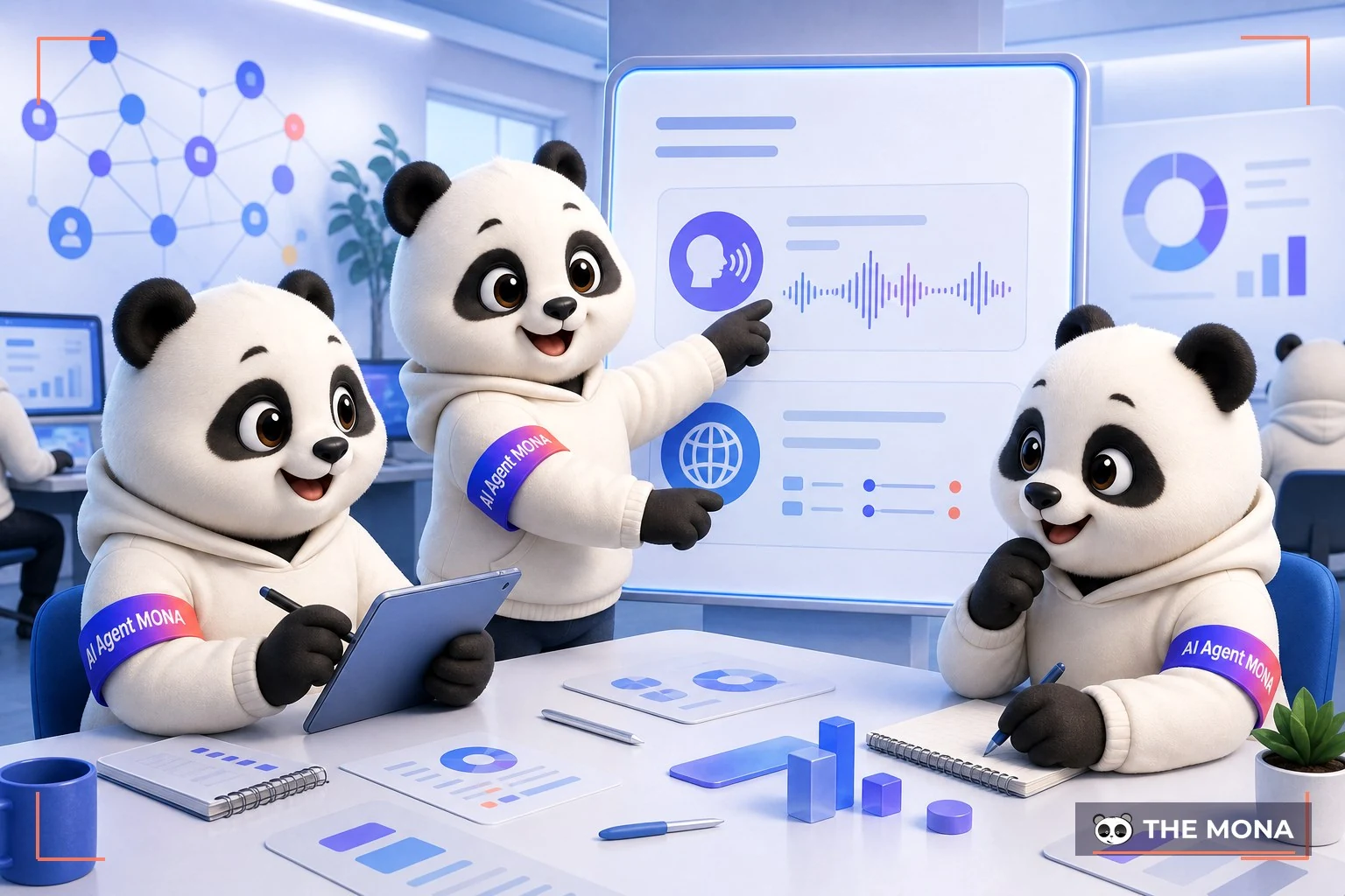 Đội gấu MONA đang thực hiện chọn ngôn ngữ và giọng nói phù hợp bí kíp tăng độ nhận diện thương hiệu trong bối cảnh làm việc thực tế