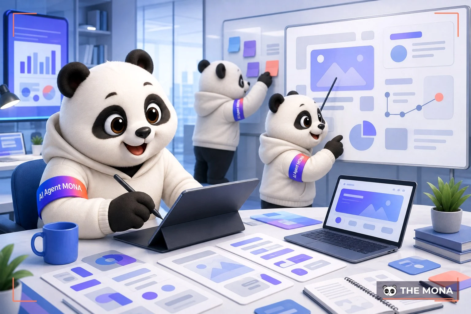 Đội gấu MONA đang thực hiện khám phá sức mạnh của thư viện prompt ideogram trong marketing trong bối cảnh làm việc thực tế