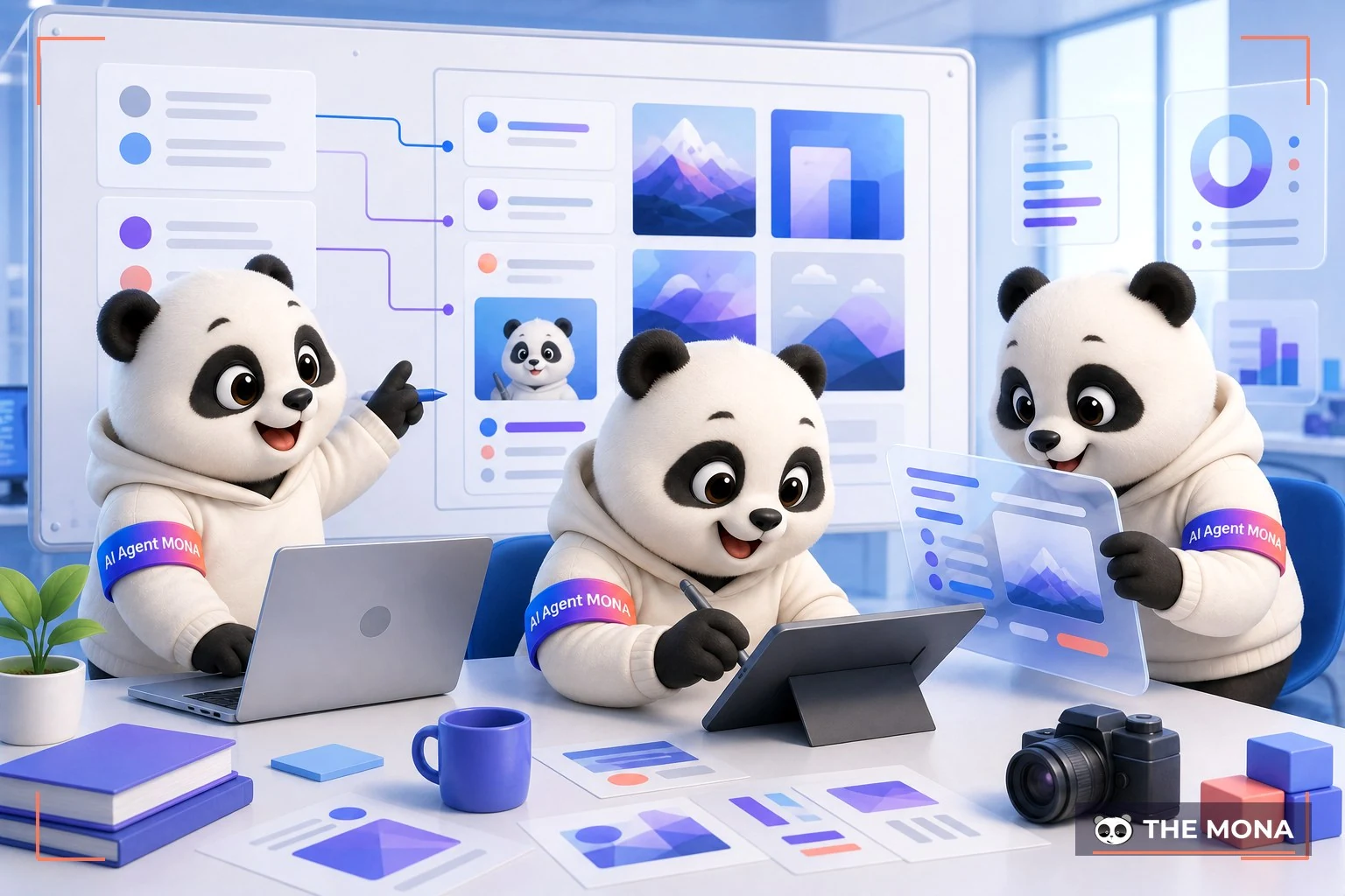 Đội gấu MONA đang thực hiện trick tạo ảnh ấn tượng với prompt 3 lớp cho ideogram trong bối cảnh làm việc thực tế