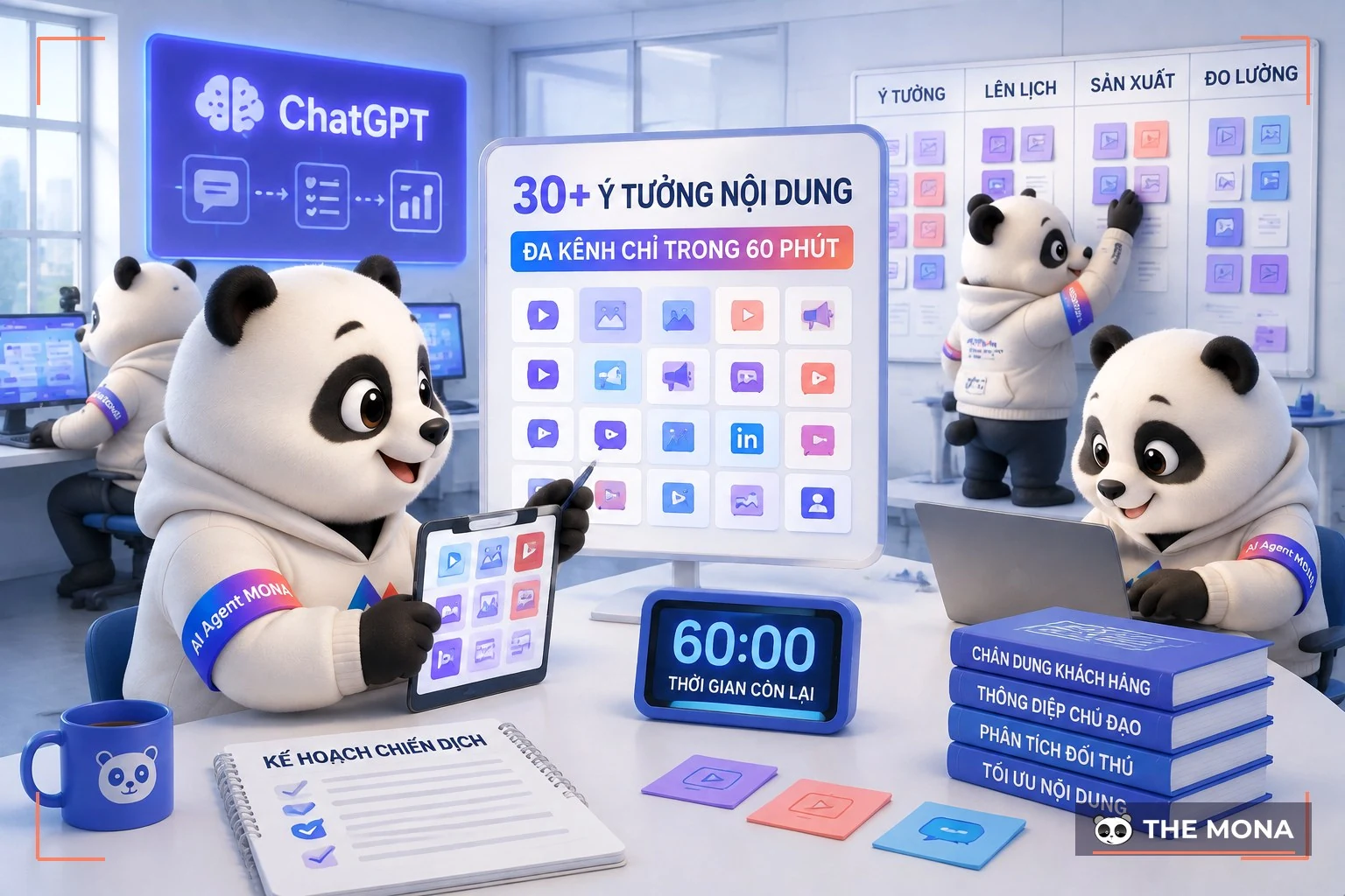 Đội gấu MONA đang thực hiện tạo 30+ ý tưởng nội dungng đa kênh chỉ trong 60 phút bí quyết dùng chatgpt cho chiến dịch trong bối cảnh làm việc thực tế