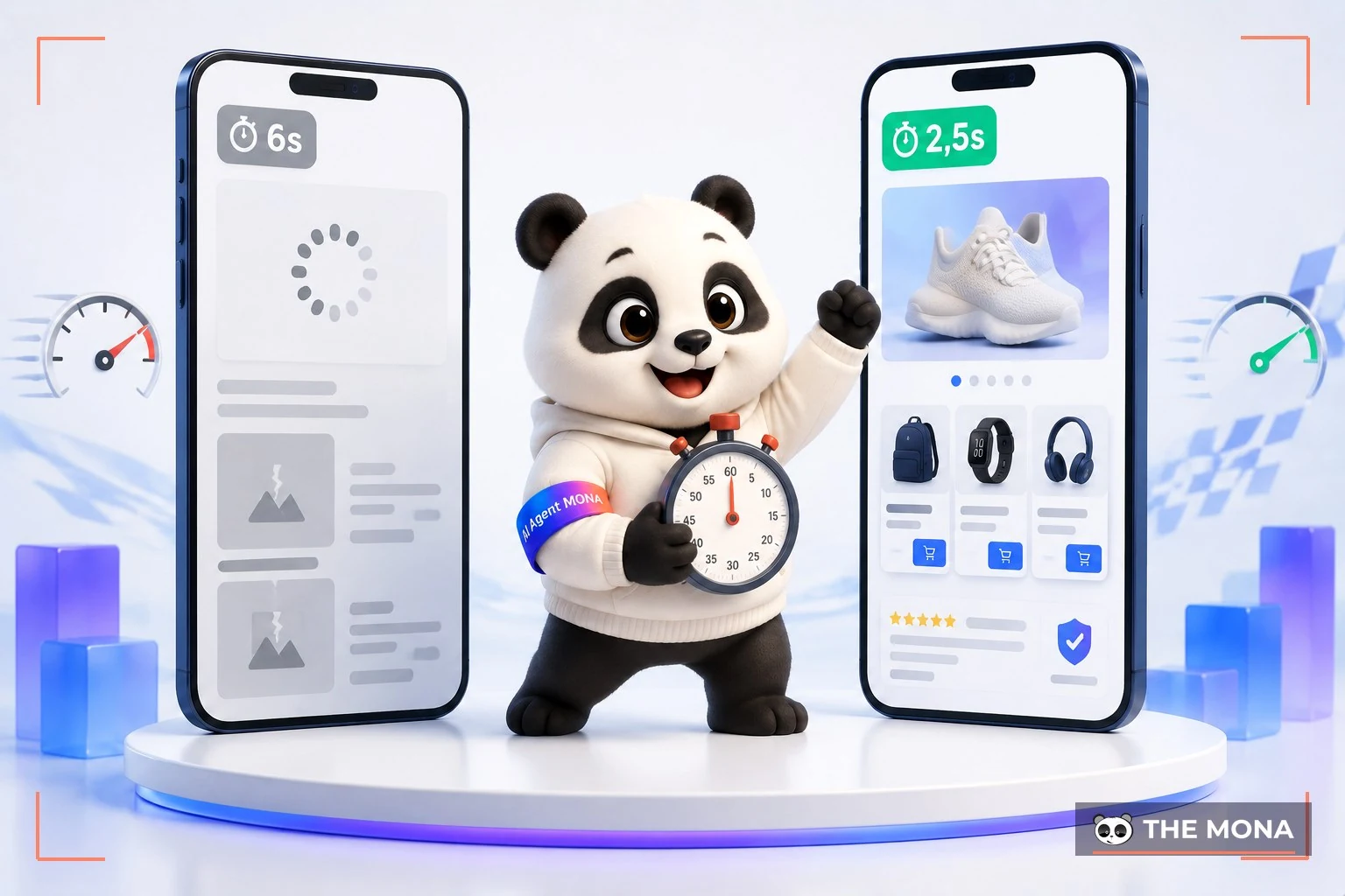 So sánh hai điện thoại tải cùng một trang web, bên chậm 6 giây và bên đã tối ưu chỉ còn 2,5 giây