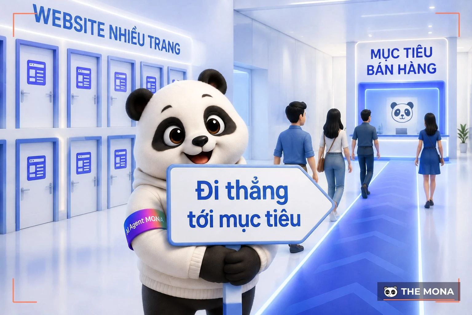 Gấu MONA cầm biển chỉ lối đi thẳng tới quầy mục tiêu bán hàng