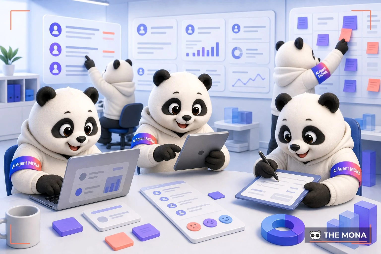 Đội gấu MONA đang thực hiện trả lời theo cảm tính làm trải nghiệm khách mỗi lúc một kiểu trong bối cảnh làm việc thực tế