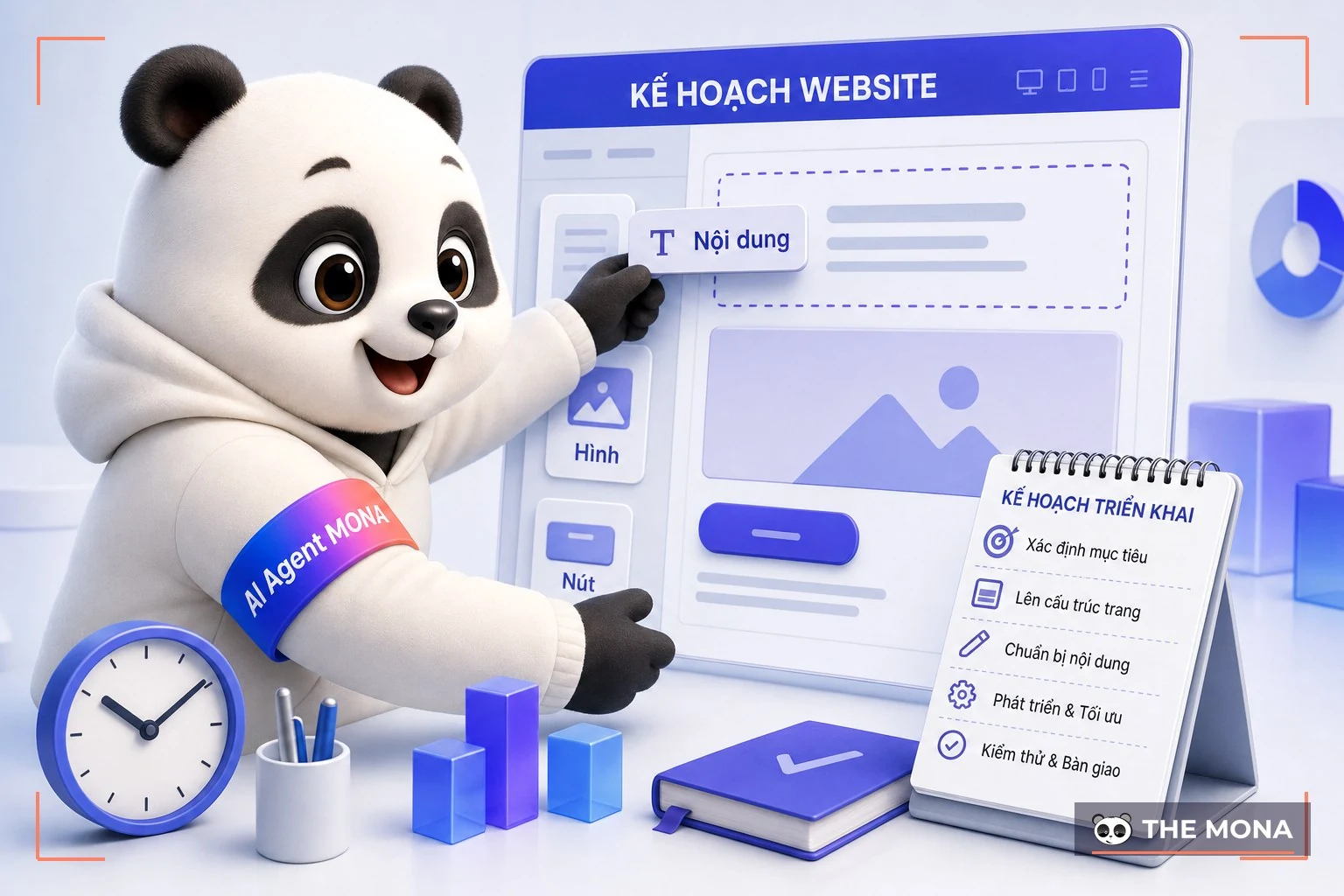 Gấu MONA kéo khối nội dung theo kế hoạch triển khai website
