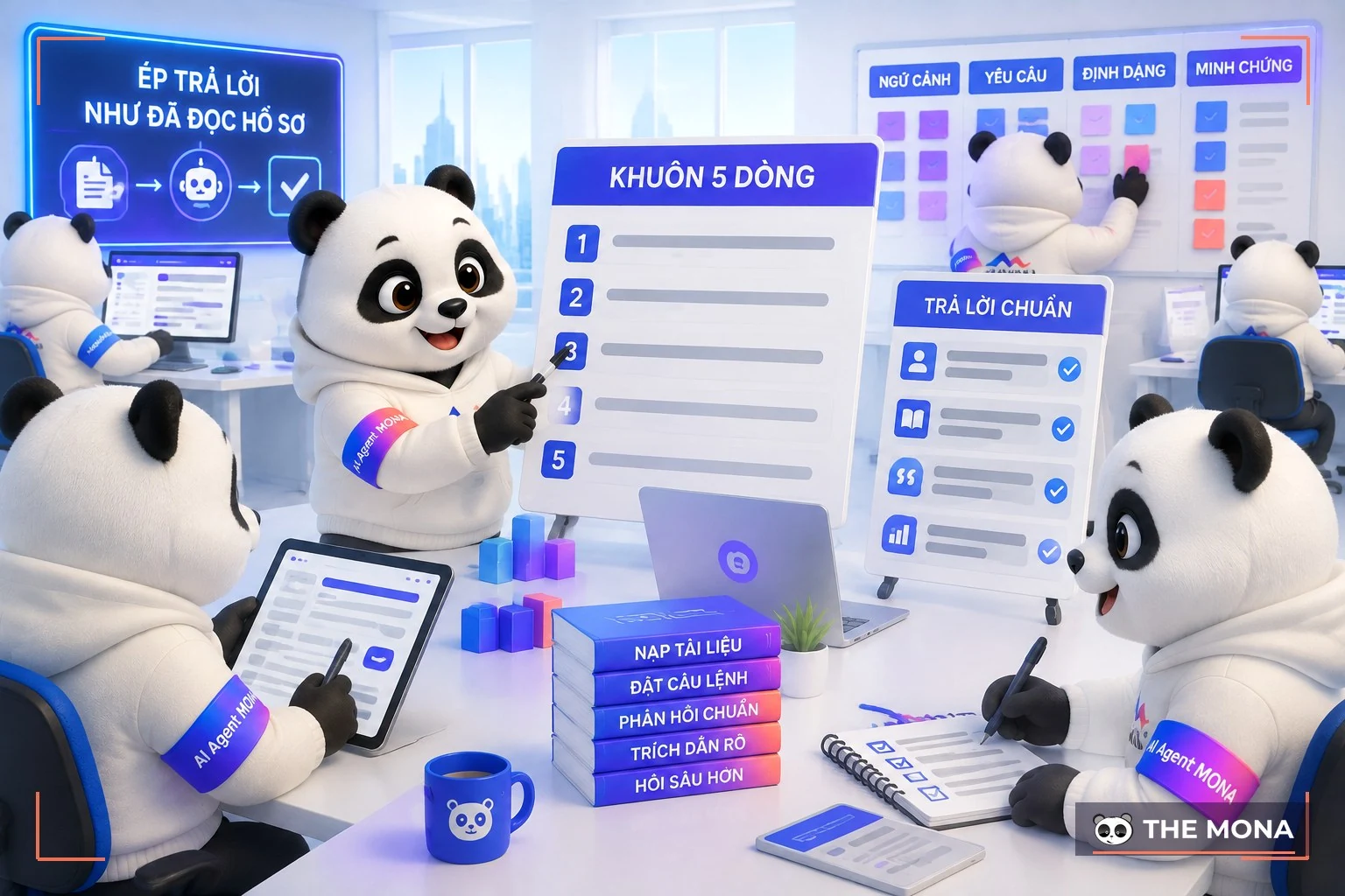 Đội gấu MONA đang thực hiện đặt câu lệnh theo khuôn 5 dòng để ép notebooklm trả lời như nhân sự đã đọc hồ sơ trong bối cảnh làm việc thực tế