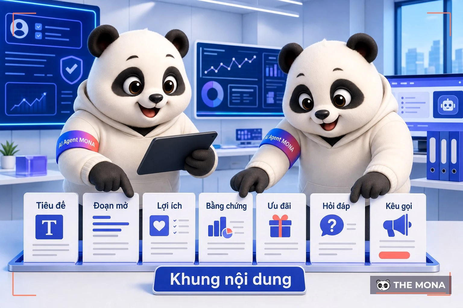 Hai gấu MONA xếp bảy thẻ khung nội dung từ tiêu đề tới kêu gọi