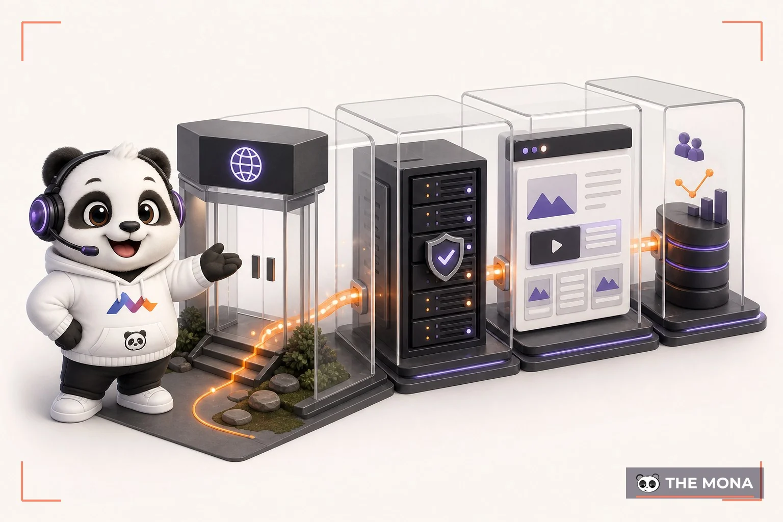 Gấu MONA minh họa bốn lớp cấu thành một website doanh nghiệp