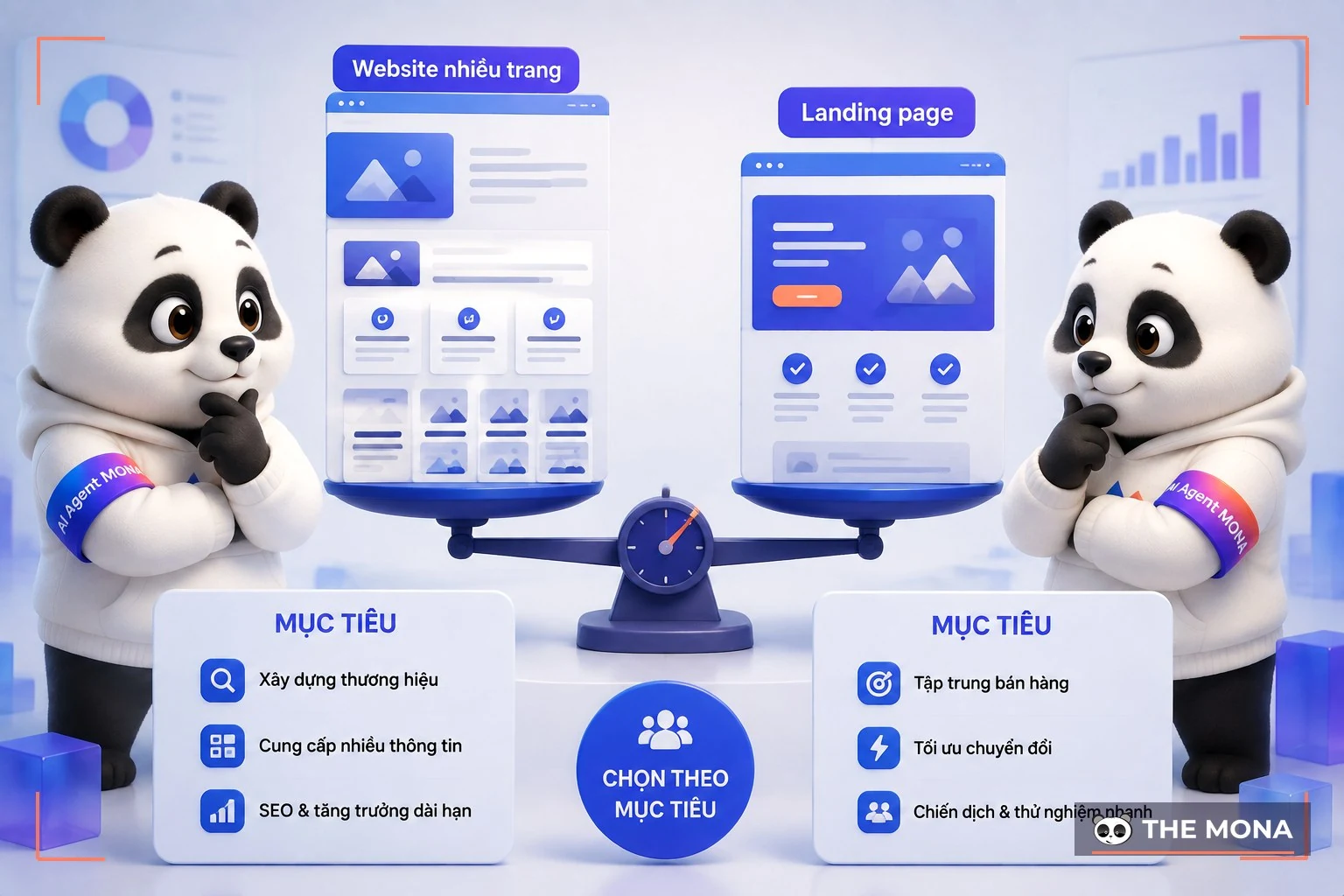 Hai gấu MONA đặt website nhiều trang và trang đích lên bàn cân mục tiêu