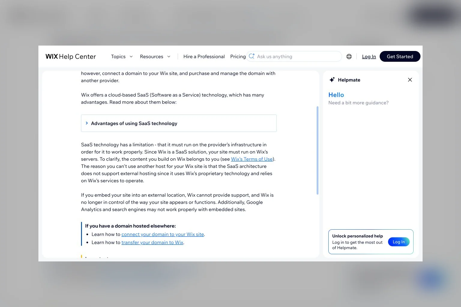 Wix Help Center giải thích website phải chạy trên máy chủ Wix
