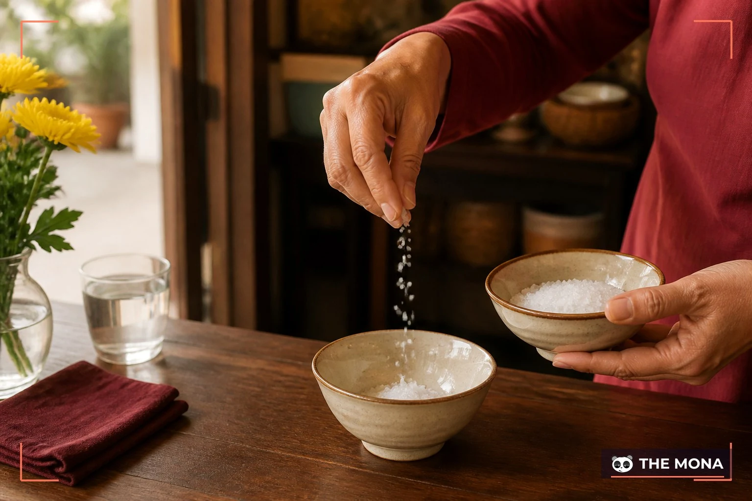 Người bán gom muối vào bát thay vì rải ra lối đi cửa hàng