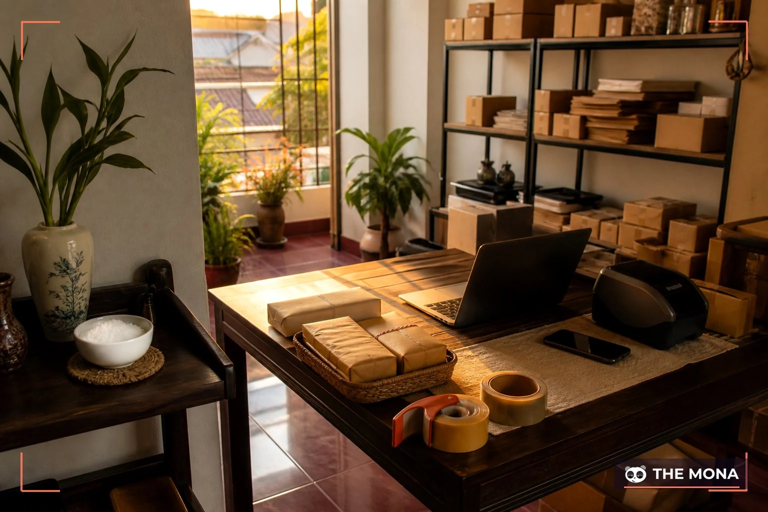 Shop online dọn bàn đóng hàng và đặt bát muối xa thiết bị