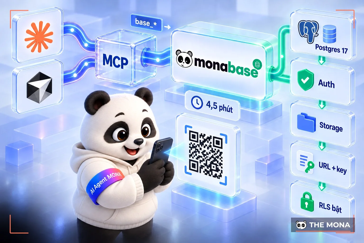 Luồng AI agent gọi MONA Base qua MCP và người quét mã QR xác nhận