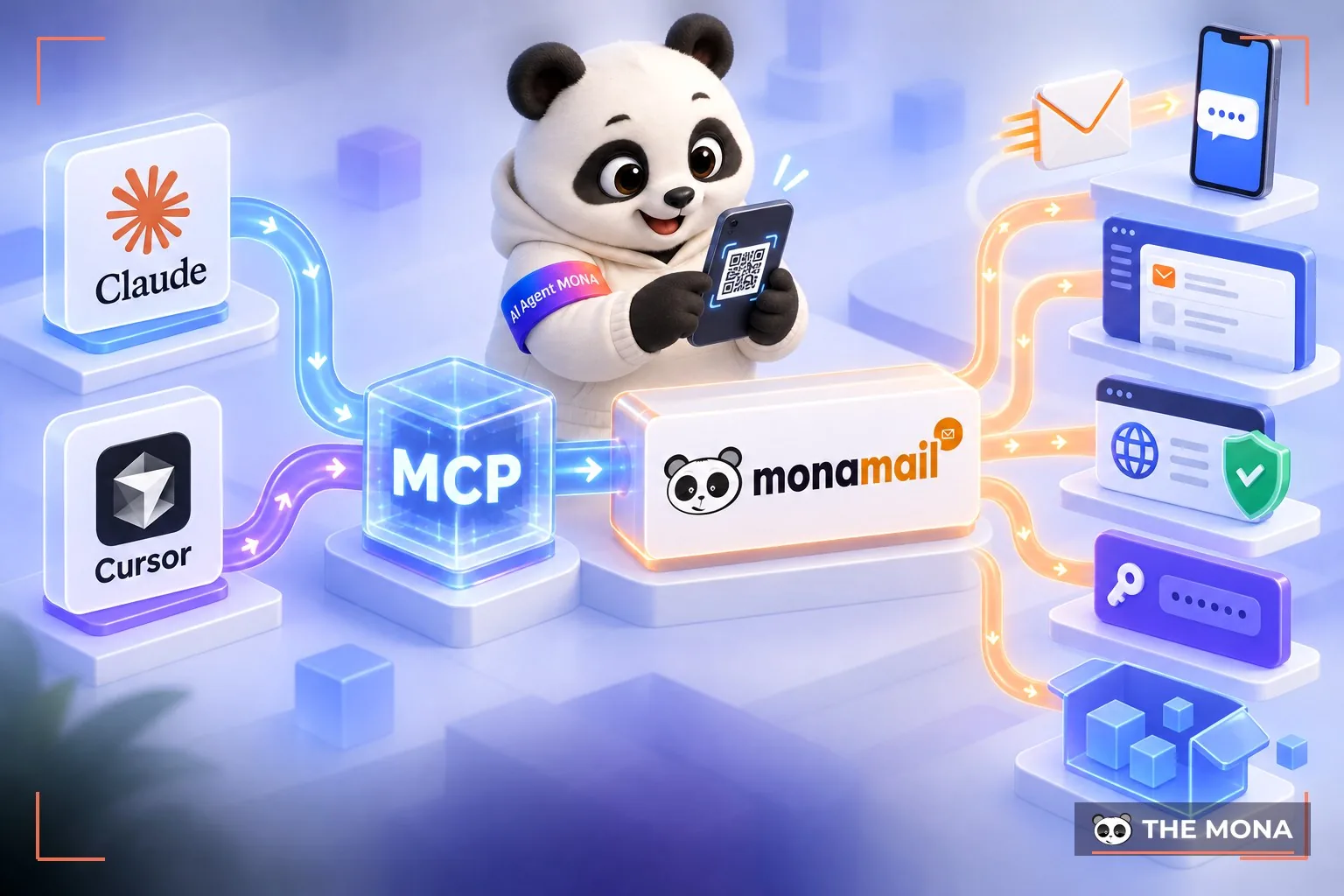 Luồng AI agent gọi MONA Mail qua MCP và người quét mã QR xác nhận